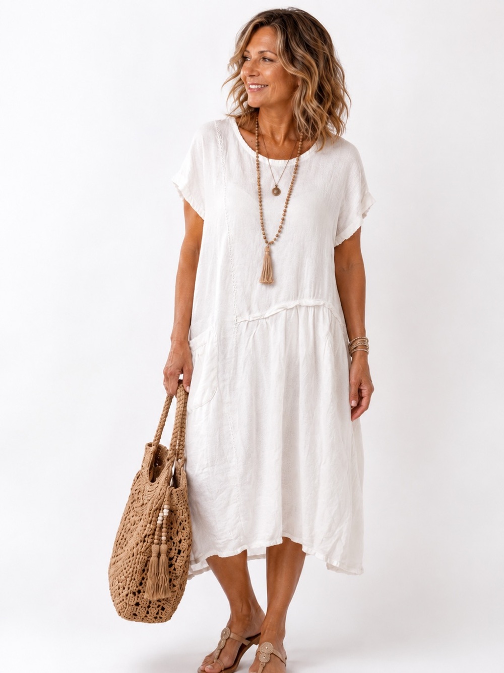 Lin blanc linen dress white Lagenlook natural fibers l/XL